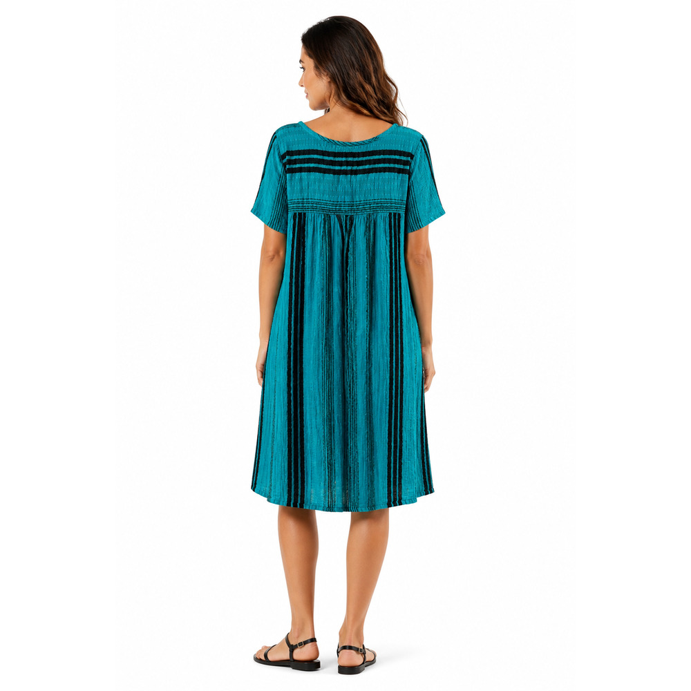 Shannon Pasero Tunic Shift Dress Size Medium Teal Blue Textured Stripe Pockets - Picture 2 of 9
